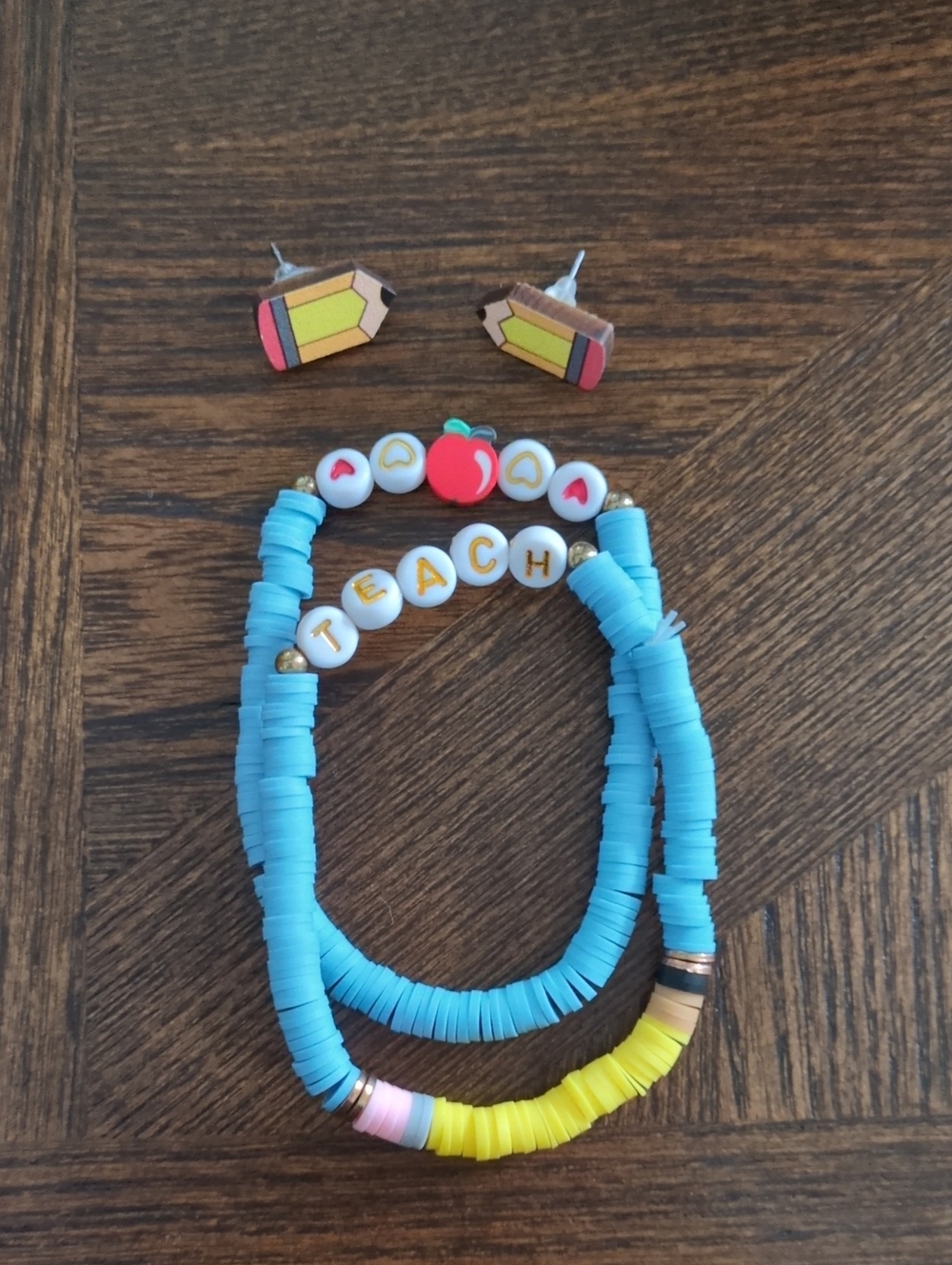 Teacher Blue & Yellow Beaded Bracelet and Earring Set